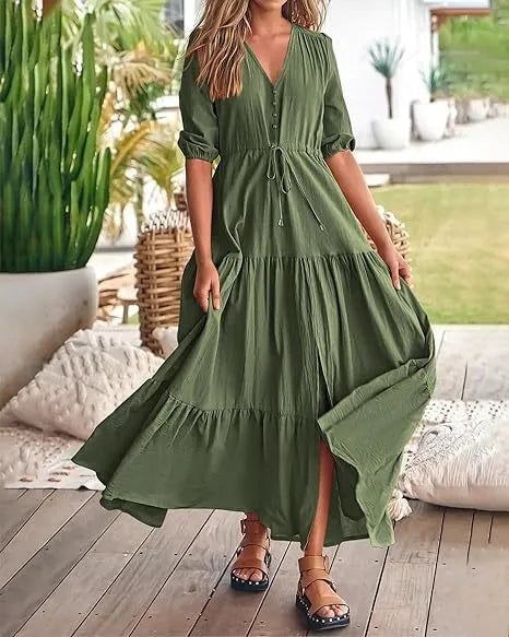 NORDHAVEN™ Women's V-Neck Drawstring Maxi Dress
