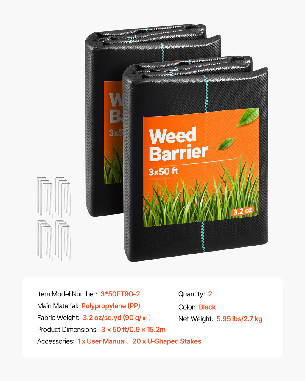 Weed Barrier Fabric Heavy Duty, 2 Packs 0.9x15.2m 90.7g Weed Blocker